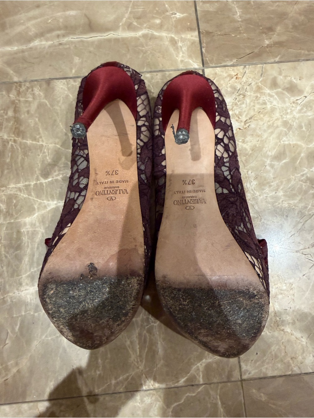 Valentino Burgundy and Black Lace Peep-Toe Bow Pumps - Picture 7 of 8